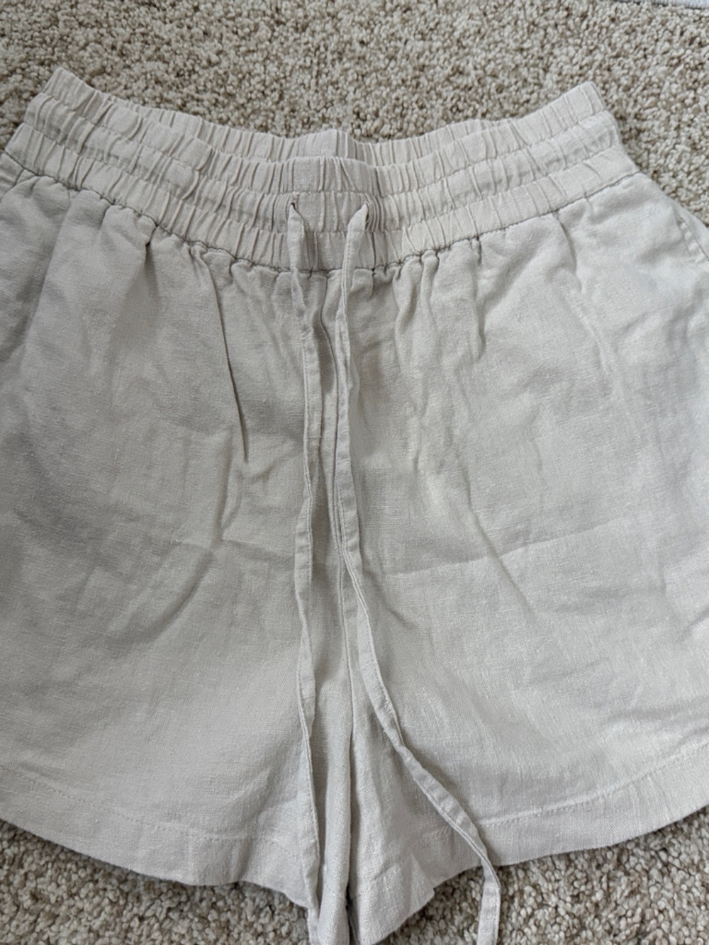 Women's Zara Beige Drawstring Linen-Blend Shorts